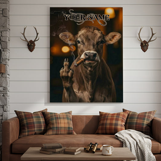 Joycorner Brown Swiss Smoking Cow Flipping Finger Attitude Wall Art Custom Name Rustic Canvas
