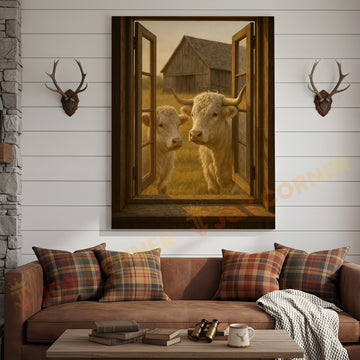 Joycorners White Charolais Cows by Open Window Rustic Barn Country Wrapped Canvas Wall Art