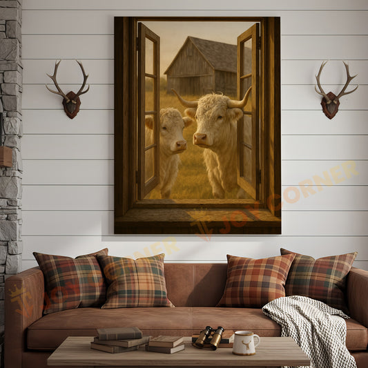 Joycorners White Charolais Cows by Open Window Rustic Barn Country Wrapped Canvas Wall Art