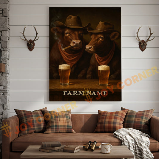 Joycorner Red Angus Cattle Cowboy Beer Bar – Personalized Farm Name 3D Wrapped Canvas