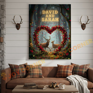 Joycorners Enchanted Deer Couple Rose Heart Woodland Personalized Name Canvas