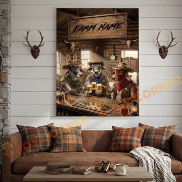 Joycorner Brahman Cow Trio Western Saloon Beer Cheers Rustic Bar Sign Customized Farm Name Canvas