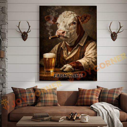 Joycorners Cattle Cow Farmhouse Hereford Cow Drinking Beer Personalized Name Canvas