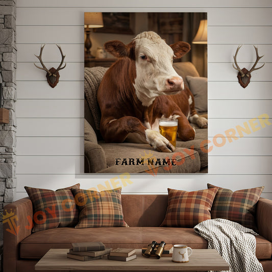 Joycorners Cattle Cow Cozy Farmhouse Hereford Cow Relaxing On Sofa Personalized Name Canvas