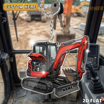 Joycorners Mini Excavator 2D Keychain Red Compact Construction Equipment Personalized Name