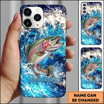 Joycorners Trout Jumping Out Of Ocean Wave Blue Splash Art Personalized Name Phone Case