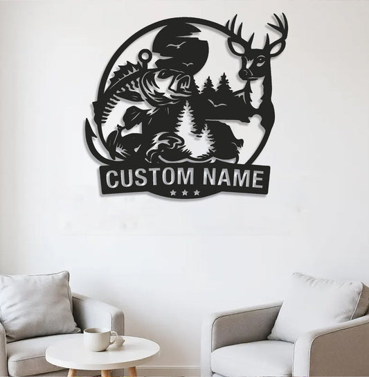 Maxcorners Personalized Deer and Fish Hunting Metal Sign WITH LED/WITHOUT LED, Rustic Cabin Wall Decor, Wildlife Outdoor Lodge Gift MT0110