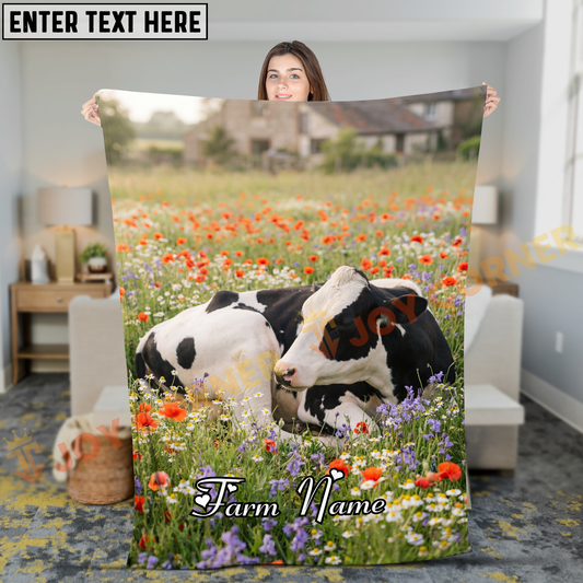 Joycorners Holstein Cow Resting In Poppy Field With Farmhouse Personalized Name Blanket