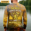 Joycorners The Best Things In Life Are Wild And Free Bigfoot Sunset Funny Fishing Shirt, SPF Shirt For Men