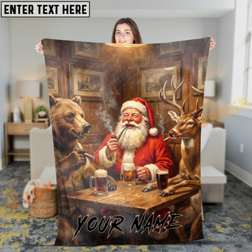 Joycorners Humorous Santa Claus Bear and Deer Having Beer Personalized 3D Blanket
