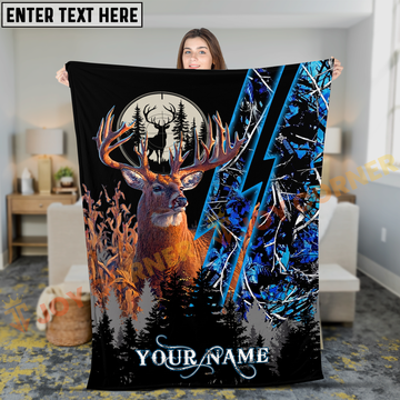 Joycorners Deer Hunting Buck Lightning Strike Blue Camo Forest Personalized 3D Blanket