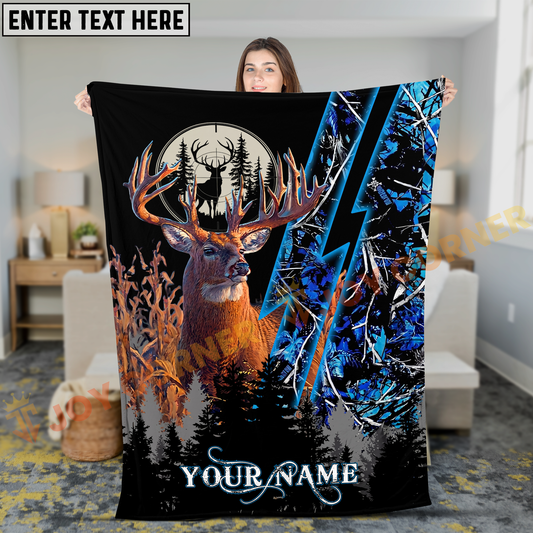 Joycorners Deer Hunting Buck Lightning Strike Blue Camo Forest Personalized 3D Blanket