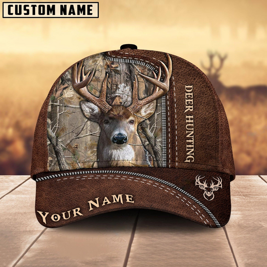 Joycorners Deer Hunting Brown Leather Pattern Mutilcolored Personalized Name 3D Cap