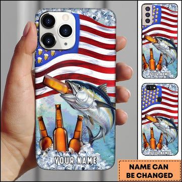 Joycorners Tuna Fishing Phone Case American Flag Beer Bottles Fish Art Personalized Name 3D Phone Case