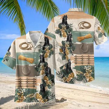 Joycorners Friesian Horse Tropical Floral Hawaiian Shirt