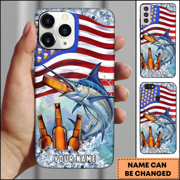 Joycorners Marlin Fishing Phone Case American Flag Beer Bottles Fish Art Personalized Name 3D Phone Case