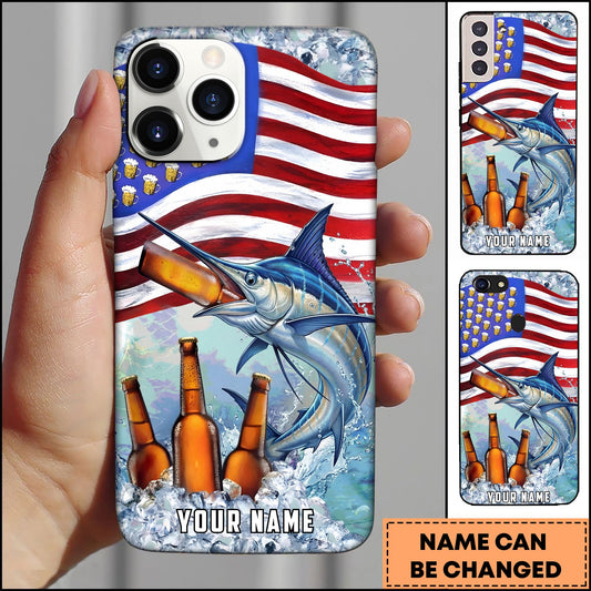 Joycorners Marlin Fishing Phone Case American Flag Beer Bottles Fish Art Personalized Name 3D Phone Case