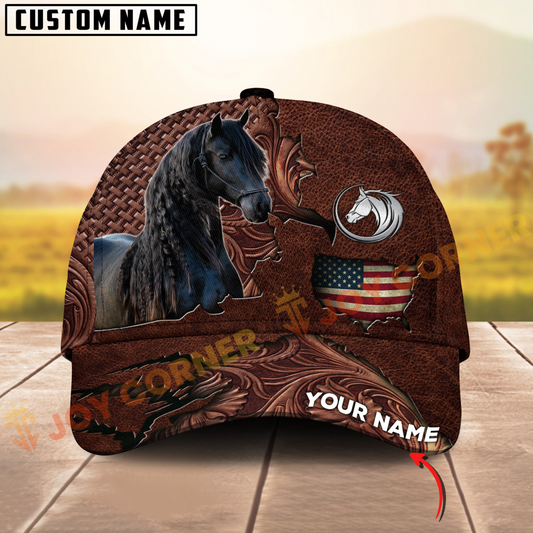 Joycorners Friesian Horse USA Map Leather Pattern Personalized Name 3D Cap