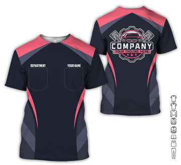 Joycorners Custom Name Mechanic Shirt, Unisex Neon Pink Crew Shirt for Automotive Workers, Perfect Gift for Him, 3D Printed Pocket Shirt PT2609