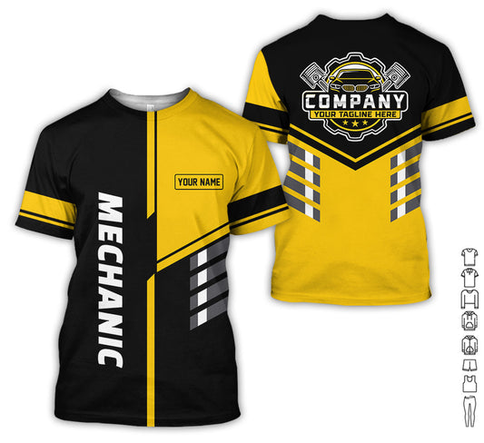 Joycorners Personalized Work Shirt for Mechanics, Yellow 3D Printed Uniform for Men, Perfect Gift for Car Lovers and Garage Workers PT2609