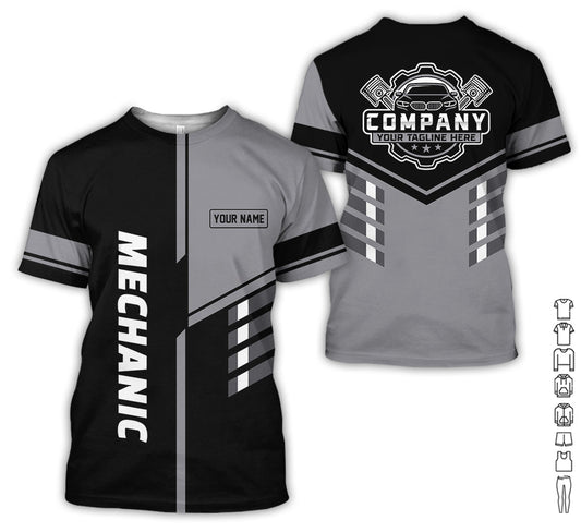 Joycorners Personalized Work Shirt for Mechanics, Grey 3D Printed Uniform for Men, Perfect Gift for Car Lovers and Garage Workers PT2609