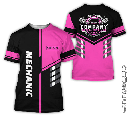 Joycorners Personalized Work Shirt for Mechanics, Pink 3D Printed Uniform for Men, Perfect Gift for Car Lovers and Garage Workers PT2609