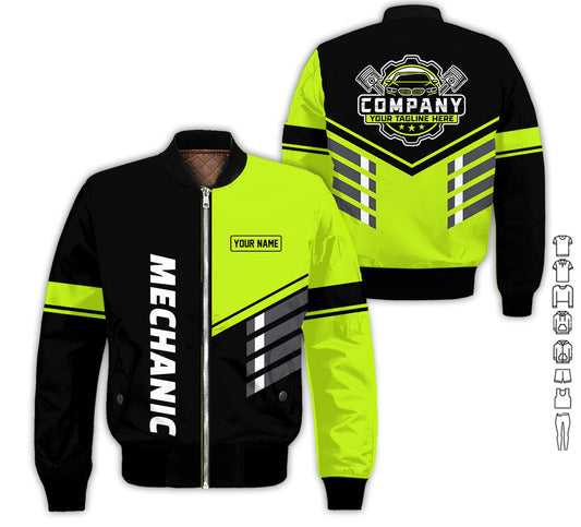 Joycorners Personalized Work Shirt for Mechanics, Yellow Green 3D Printed Uniform for Men, Perfect Gift for Car Lovers and Garage Workers PT2609