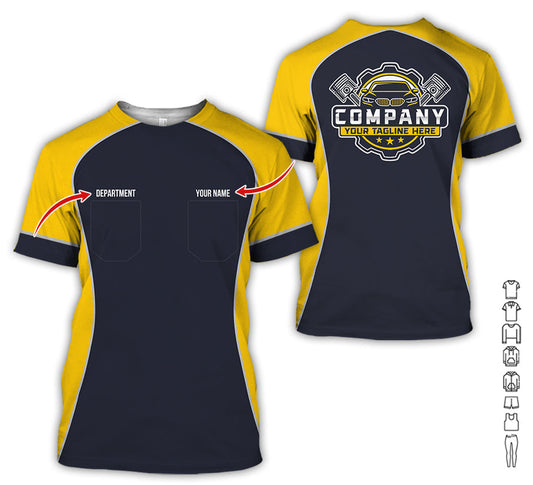 Joycorners Custom Name Mechanic Shirt for Men, Personalized Garage Workwear Print, Great Gift for Auto Techs, Yellow Mechanic T-Shirt PT2609