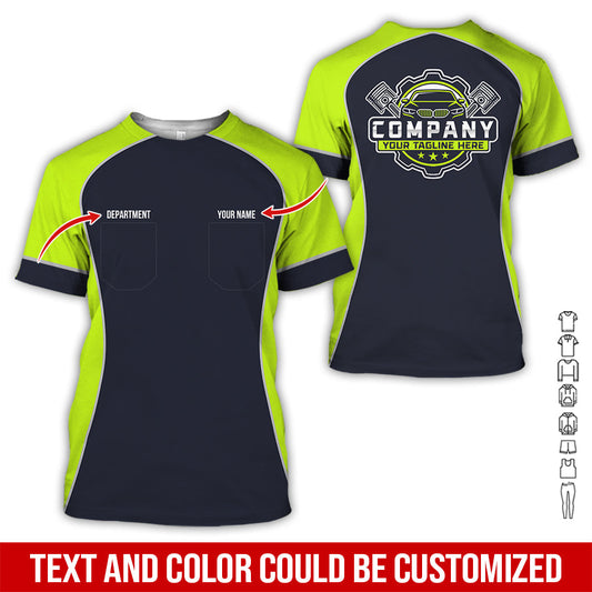 Joycorners Custom Name Mechanic Shirt for Men, Personalized Garage Workwear Print, Great Gift for Auto Techs, Yellow Green Mechanic T-Shirt PT2609
