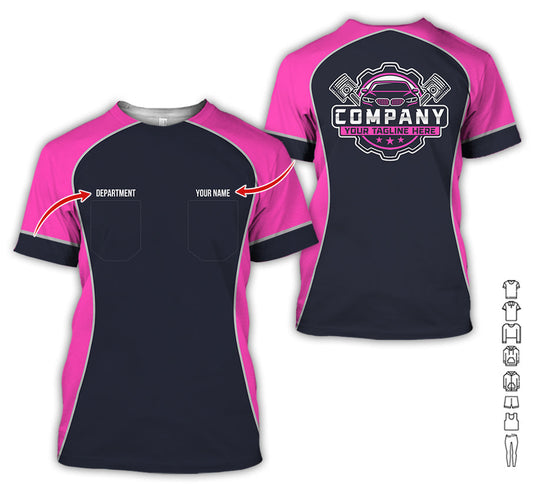 Joycorners Custom Name Mechanic Shirt for Men, Personalized Garage Workwear Print, Great Gift for Auto Techs, Pink Mechanic T-Shirt PT2609