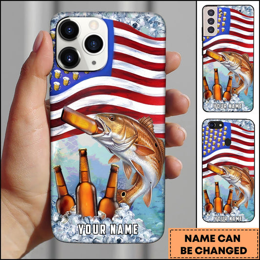 Joycorners Red Fish Fishing Phone Case American Flag Beer Bottles Fish Art Personalized Name 3D Phone Case