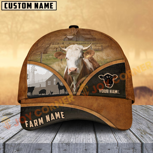 Joycorners Simmental Farm Country Customized Name Brown Leather Pattern Cap