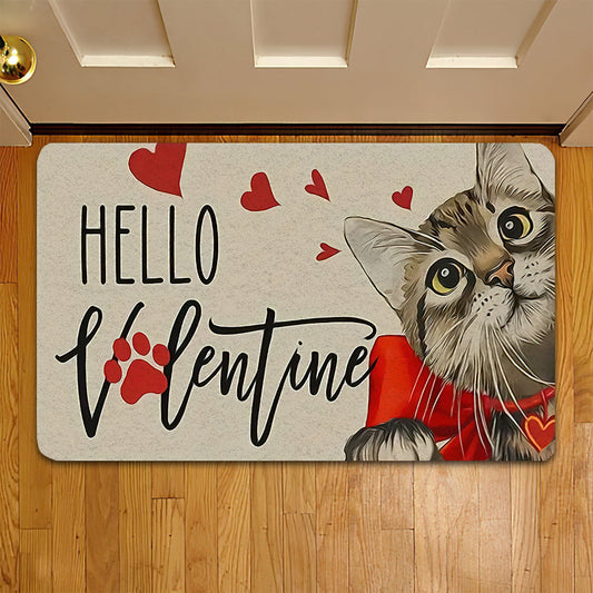 Joycorners Valentine's Day Cat Doormat, Hello Valentine, Housewarming Cat Decor Gift, Gift For Cat Lovers, Cat Owners LM0210