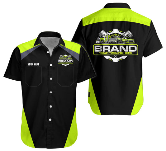Joycorners Personalized Mechanic Uniform for Men, 3D Printed Pocket Shirt for Auto Technicians, Yellow Green Color, Great Gift for Car Guys PT2609