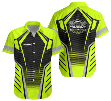 Joycorners Custom Mechanic Work Shirt with Name, Gift for Technicians and Car Guys, Mechanic Shirt In Green Yellow, Sizes S to 5XL PT2609