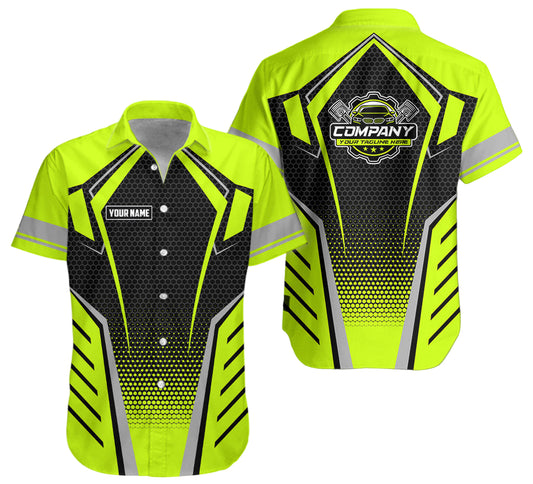 Joycorners Custom Mechanic Work Shirt with Name, Gift for Technicians and Car Guys, Mechanic Shirt In Green Yellow, Sizes S to 5XL PT2609