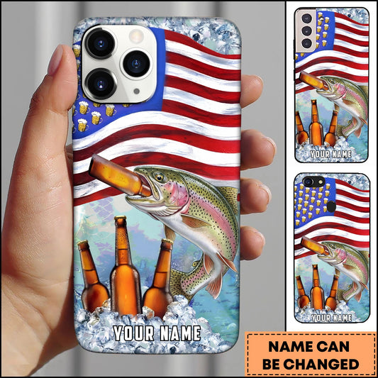 Joycorners Trout Fishing Phone Case American Flag Beer Bottles Fish Art Personalized Name 3D Phone Case