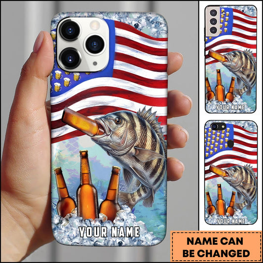 Joycorners Crappie Fishing Phone Case American Flag Beer Bottles Fish Art Personalized Name 3D Phone Case