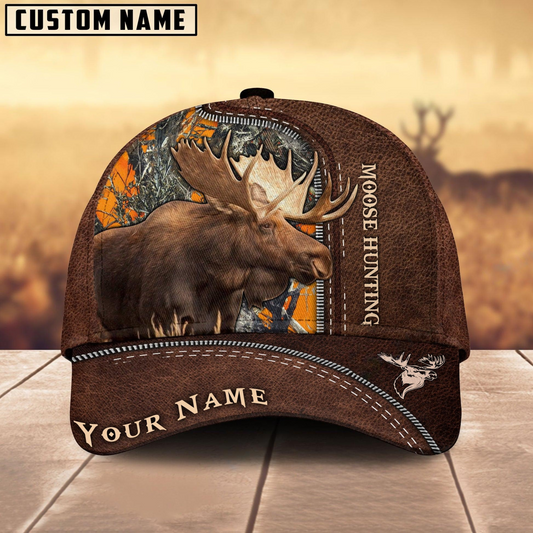Joycorners Moose Hunting Brown Leather Pattern Mutilcolored Personalized Name 3D Cap
