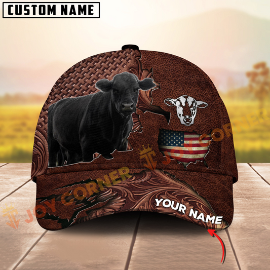 Joycorners Black Angus USA Map Leather Pattern Personalized Name 3D Cap