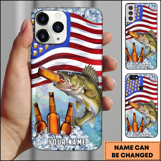Joycorners Walleye Fishing Phone Case American Flag Beer Bottles Fish Art Personalized Name 3D Phone Case