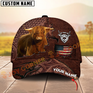 Joycorners Highland Cattle USA Map Leather Pattern Personalized Name 3D Cap