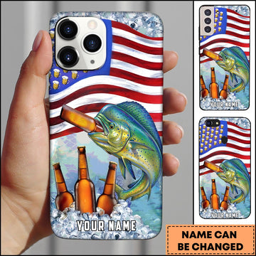 Joycorners Mahi-mahi Fishing Phone Case American Flag Beer Bottles Fish Art Personalized Name 3D Phone Case