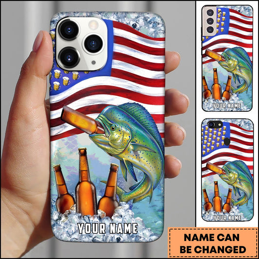 Joycorners Mahi-mahi Fishing Phone Case American Flag Beer Bottles Fish Art Personalized Name 3D Phone Case