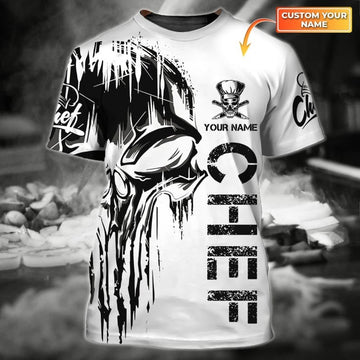 Joycorners Personalized Name 3D Skull Chef Shirt, White Skull Uniform Shirt For Master Chef, Chef Gifts