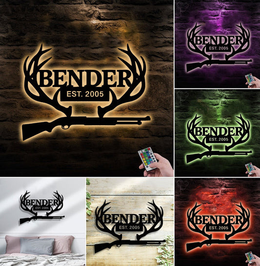 Maxcorners Personalized Metal Sign WITH LED/WITHOUT LED – Deer Antler Hunting Wall Decor with Rifle – Custom Rustic Cabin Sign for Hunters MT0110
