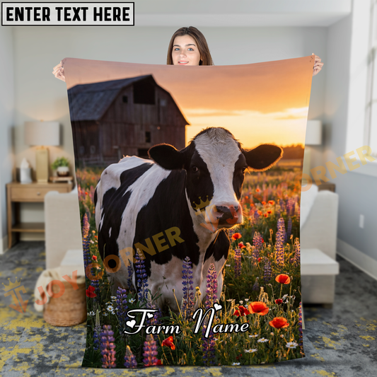 Joycorners Holstein Cow In Sunset Wildflower Field With Barn Personalized Name Blanket