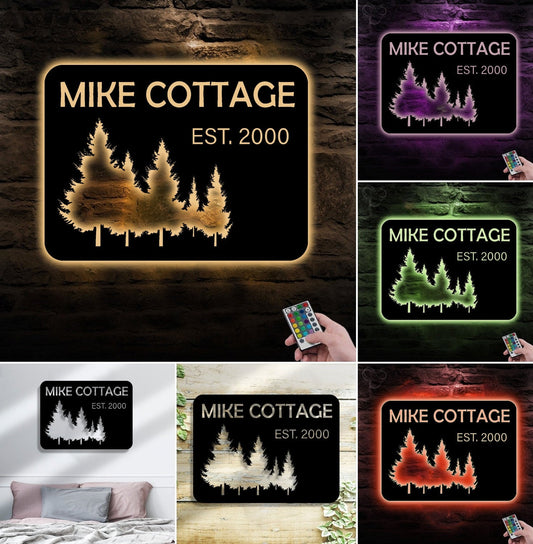 Maxcorners Personalized Forest Metal Sign WITH LED/WITHOUT LED - Rustic Cabin Name Sign With Pine Trees, Wall Art for Lodge & Home MT0110