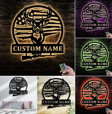 Maxcorners Personalized Deer Hunting Metal Sign WITH LED/WITHOUT LED, Rustic Buck Wall Art with American Flag, Cabin & Lodge Decor for Hunters MT0110