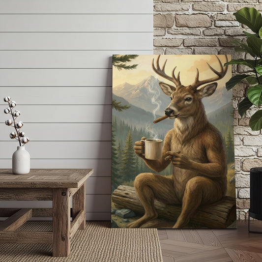 Joycorner Relaxing Deer Coffee and Cigar Mountain View Canvas